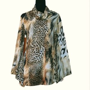 EUC Mechant Black Tan Animal Print Cowl Neck Tunic